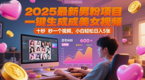 2025最新男粉项目，一键生成美女视频，日引600+色粉 十秒一个视频，小白轻松日入5张【揭秘】-乐码云集