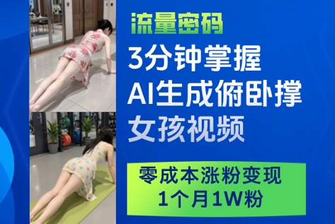3分钟掌握AI生成俯卧撑女孩视频，零成本涨粉变现，1个月1W粉-乐码云集