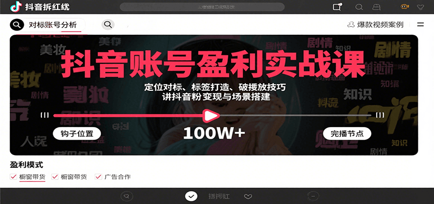 抖音账号盈利实战课，定位对标、标签打造、破播放技巧，讲涨粉变现与场景搭建-乐码云集