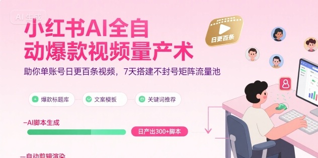 小红书AI全自动爆款视频量产术，助你单账号日更百条视频，7天搭建不封号矩阵流量池(更新8月)-乐码云集