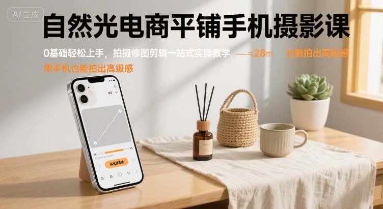 自然光电商平铺手机摄影课，0基础轻松上手，拍摄修图剪辑一站式实操教学，用手机也能拍出高级感-乐码云集