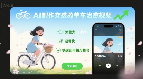 AI制作女孩骑单车治愈视频,流量大,起号快,快速起千粉万粉号