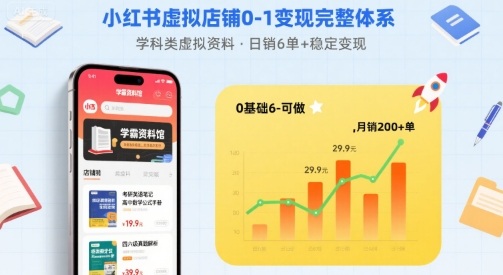 小红书虚拟店铺0-1变现完整体系：卖学科类虚拟资料，一天6张+，很稳定【已完结】-乐码云集