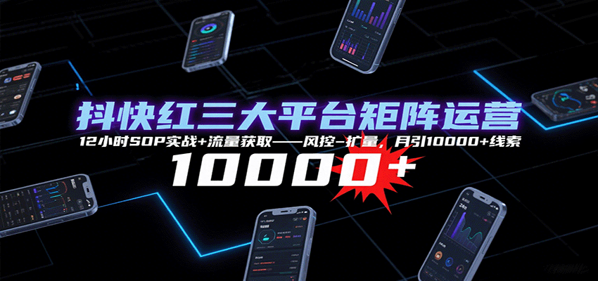 抖快红三大平台矩阵运营，12小时SOP实战+流量获取-风控-扩量，月引10000+线索-乐码云集