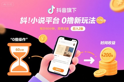 抖音旗下小说平台0撸新玩法，每天挂G60分钟，简单无脑，日入2张【揭秘】-乐码云集