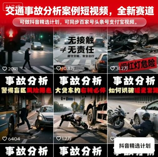 交通事故分析案例短视频，全新赛道，可做抖音精选计划，可同步百家号头条号支付宝视频号平台-乐码云集