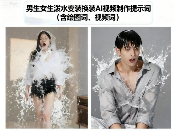 男生女生泼水变装换装AI视频制作提示词(含绘图词、视频词)-乐码云集
