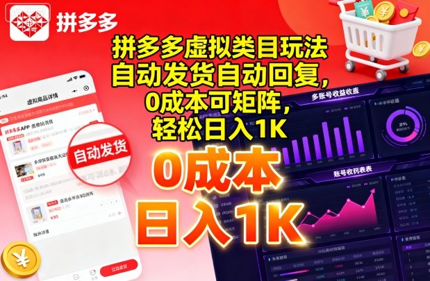 拼多多虚拟类目玩法，自动发货自动回复，0成本可矩阵，轻松日入1K【揭秘】-乐码云集