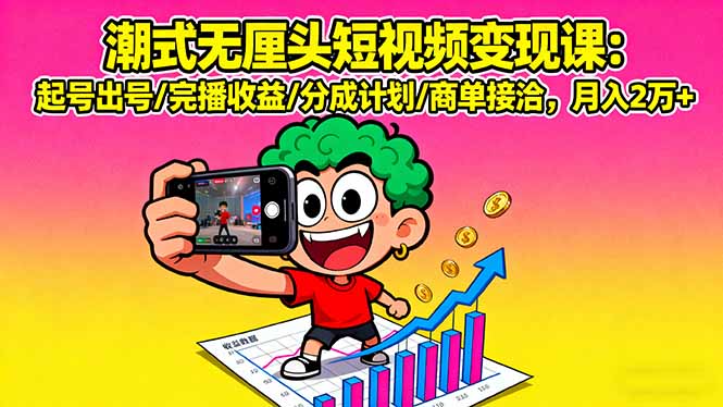 潮式无厘头短视频变现课：起号出号/完播收益/分成计划/商单接洽，月入2万+-乐码云集