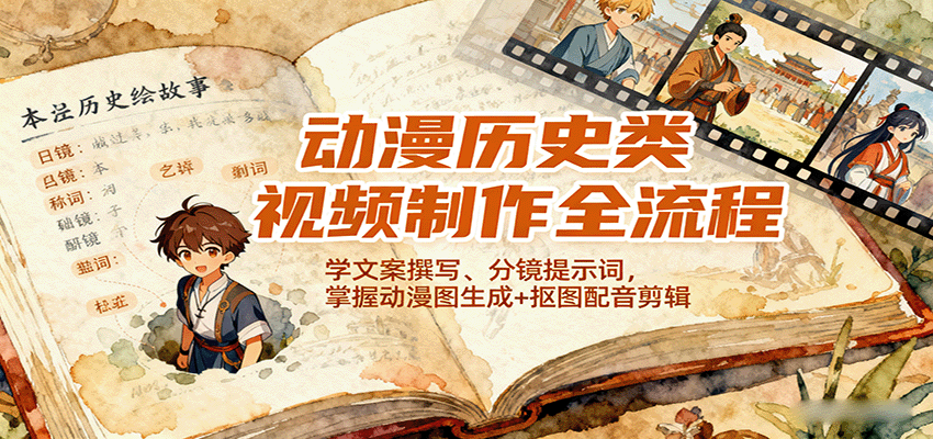 动漫历史类视频制作全流程，学文案撰写、分镜提示词，掌握动漫图生成+抠图配音剪辑-乐码云集