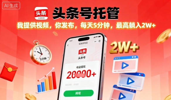 【头条号托管】我提供视频，你发布，每天5分钟，最高躺入2W+【揭秘】-乐码云集