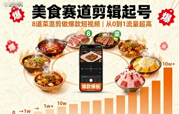 美食赛道剪辑起号，8道菜混剪做爆款短视频，从0到1，流量超高-乐码云集