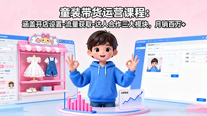童装带货运营课程：涵盖开店设置-流量获取-达人合作三大模块，月销百万+-乐码云集