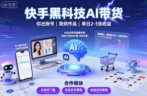 快手黑科技AI带货，你提供账号，我提供作品并发布，单日2-5张【揭秘】-乐码云集