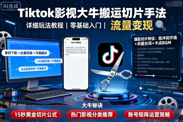 Tiktok影视大牛搬运切片手法，详细玩法教程-乐码云集