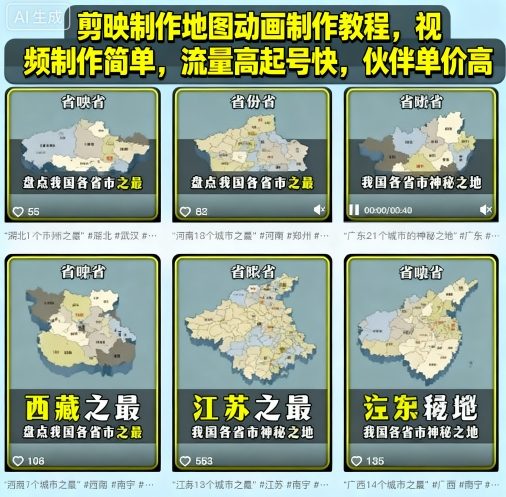 剪映制作地图动画制作教程，视频制作简单，流量高起号快，伙伴单价高-乐码云集