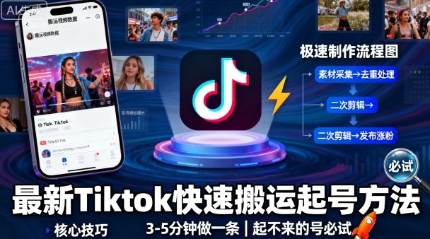 最新Tiktok快速搬运快速起号方法，3-5分钟做一条，起不来的号可以试试-乐码云集