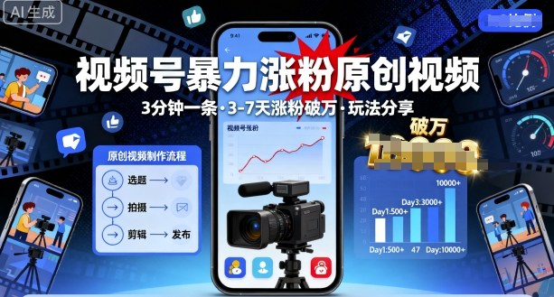 视频号暴力涨粉原创视频，3分钟一条原创视频，3-7天涨粉破万，玩法分享给你-乐码云集