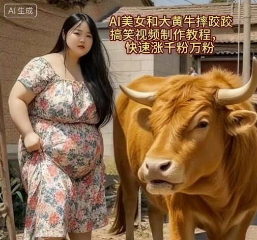 AI美女和大黄牛摔跤搞笑荒诞视频制作教程，快速涨千粉万粉-乐码云集