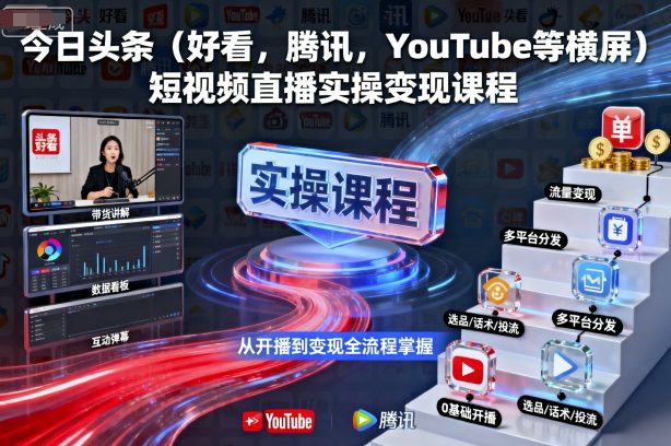 今日头条(好看,腾讯,YouTube等横屏)短视频直播实操变现课程