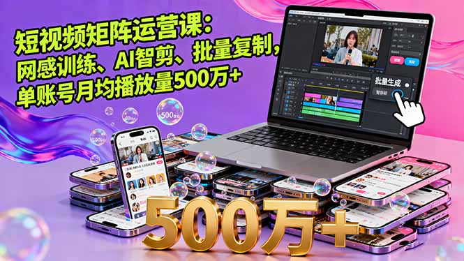短视频矩阵运营课：网感训练、AI智剪、批量复制，单账号月均播放量500万+-乐码云集