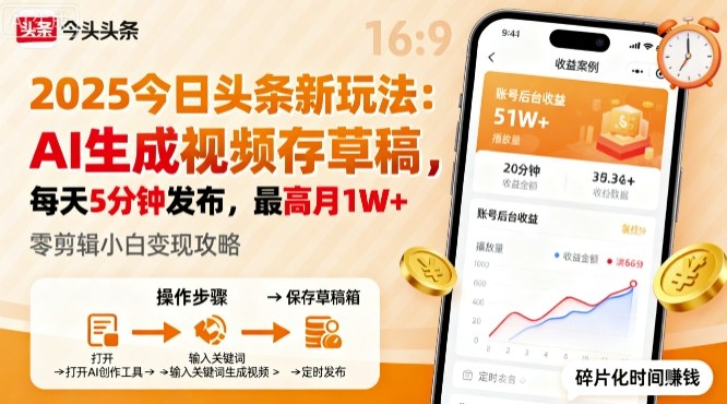 2025年今日头条躺賺新玩法，AI生成视频存草稿，每天5分钟发布，最高月1W+【揭秘】-乐码云集