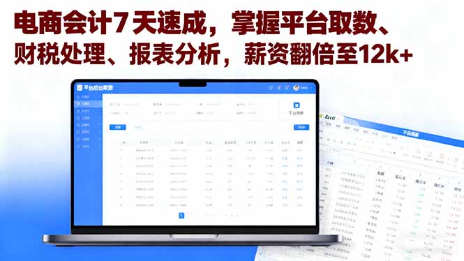 电商会计7天速成，掌握平台取数、财税处理、报表分析，薪资翻倍至12k+-乐码云集