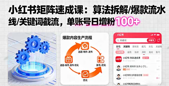 小红书矩阵起号速成课：算法拆解/爆款流水线/关键词截流 单账号日增粉100+-乐码云集