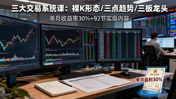三大交易系统课：裸K形态/三点趋势/三板体系，单月收益率30%+92节实操内容-乐码云集