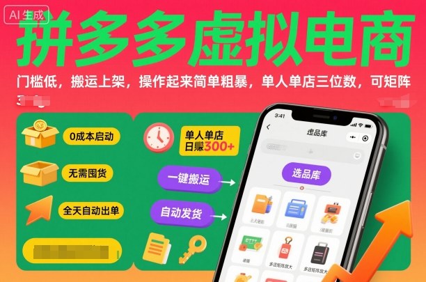 拼多多虚拟电商，门槛低，搬运上架，操作起来简单粗暴，单人单店三位数，可矩阵-乐码云集