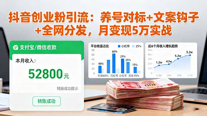 抖音创业粉引流：养号对标+文案钩子+全网分发，月变现5万实战-乐码云集