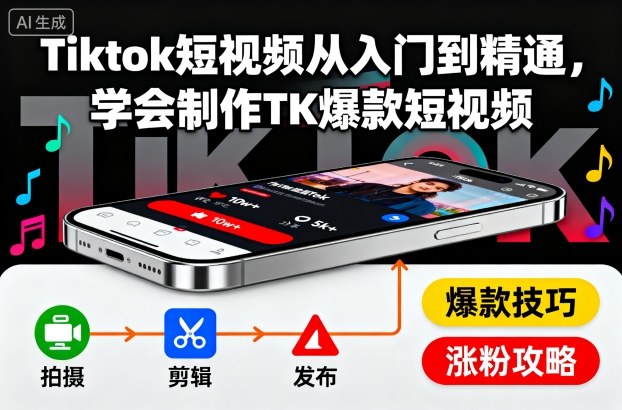 Tiktok短视频从入门到精通，学会制作TK爆款短视频-乐码云集