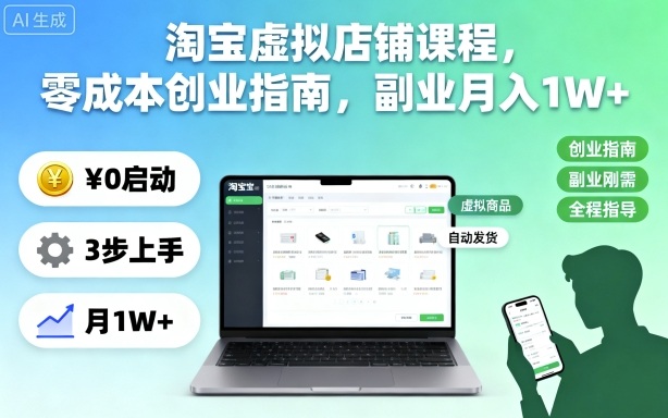 淘宝虚拟店铺课程，零成本创业指南，副业月入1W+-乐码云集