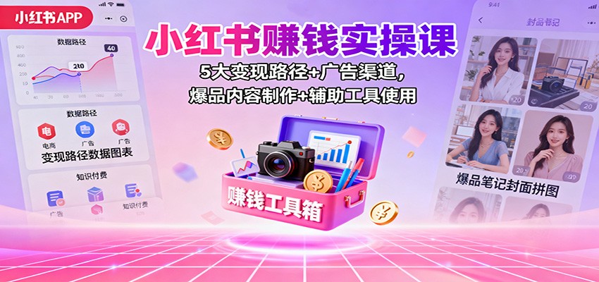 小红书赚钱实操课：5大变现路径+广告渠道，爆品内容制作+辅助工具使用-乐码云集