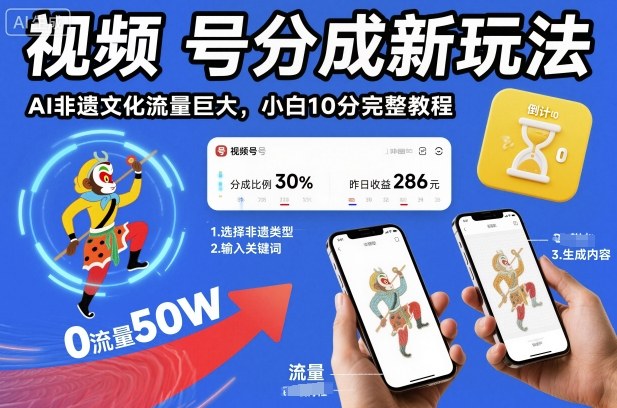 视频号分成新玩法，AI非遗文化流量巨大，小白10分钟搞定，完整教程-乐码云集