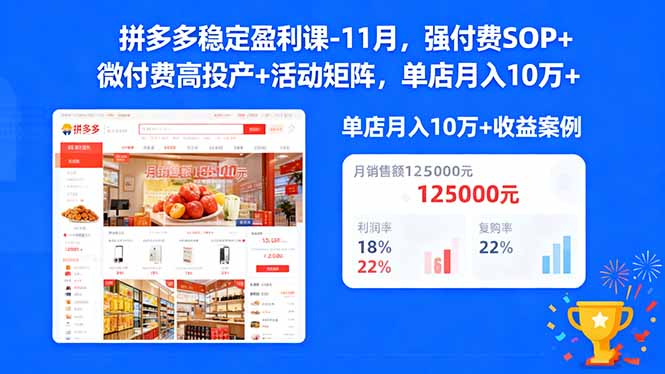 拼多多稳定盈利课-11月，强付费SOP+微付费高投产+活动矩阵，单店月入10w+-乐码云集