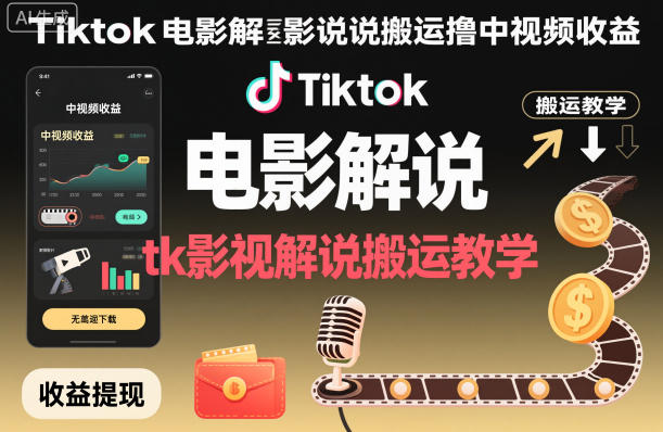 Tiktok电影解说搬运撸中视频收益，tk影视解说搬运教学-乐码云集