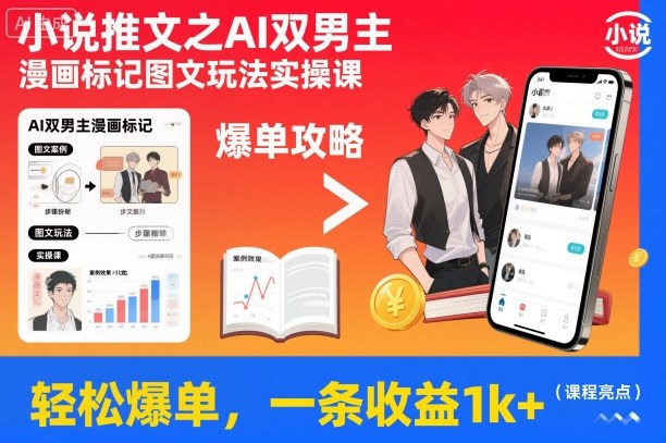 小说推文之AI双男主漫画标记图文玩法实操课，轻松爆单，一条收益1k+-乐码云集