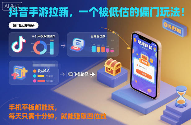 抖音手游拉新，一个被低估的偏门玩法！手机平板都能玩，每天只需十分钟，就能賺取四位数【揭秘】-乐码云集