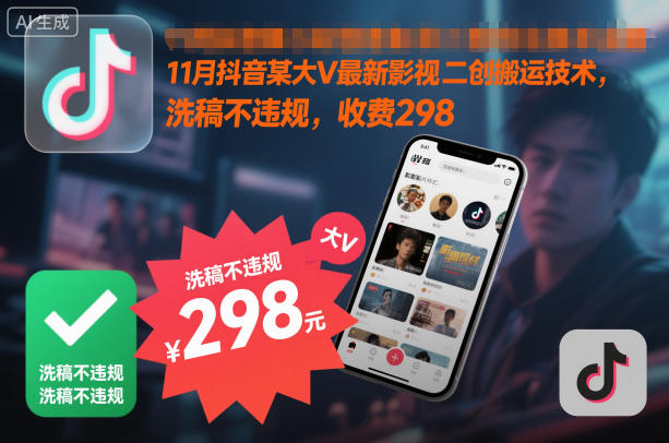 11月抖音某大V最新影视二创搬运技术，洗稿不违规，收费298-乐码云集