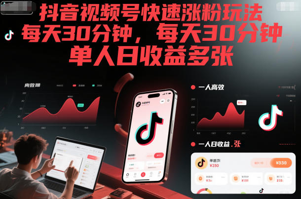 抖音视频号快速涨粉玩法，每天30分钟，单人日收益多张-乐码云集