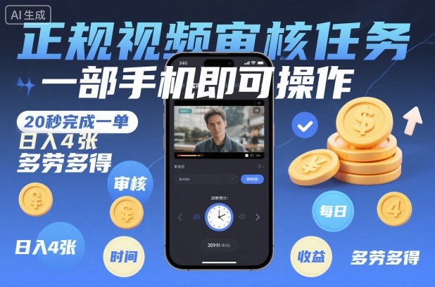 正规视频审核任务，一部手机即可操作，20秒完成一单，日入4张，多劳多得【揭秘】-乐码云集