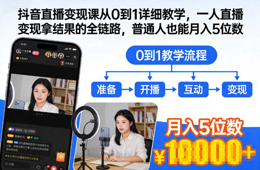 抖音直播变现课从0到1详细教学，一人直播变现拿结果的全链路，普通人也能月入5位数-乐码云集