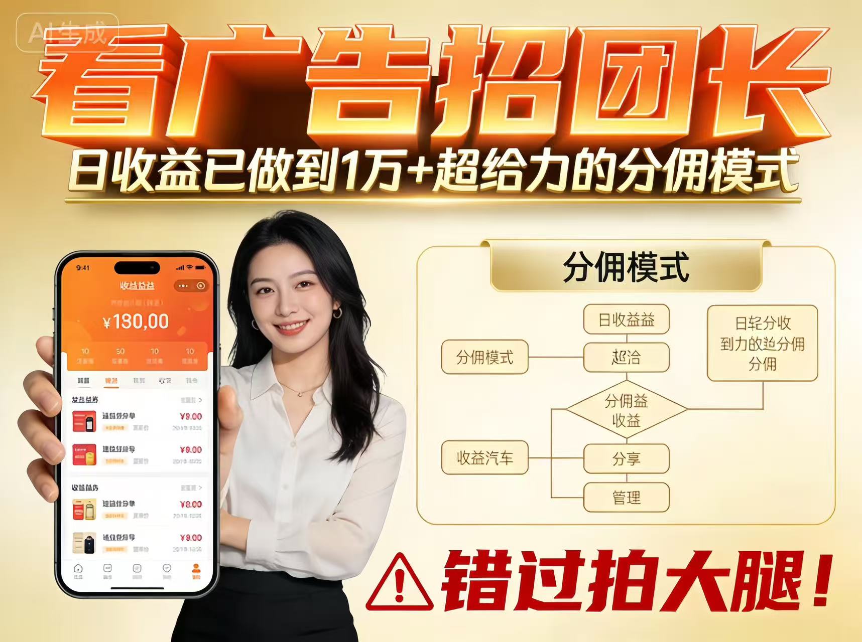 看广告招团长，团队收益已做到日入1万，分佣模式超给力，错过拍大腿-乐码云集
