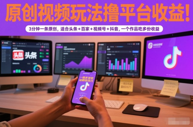 原创视频玩法撸平台收益，3分钟一条原创，适合头条+百家+视频号+抖音，一个作品吃多份收益-乐码云集