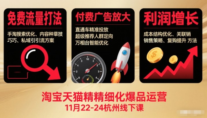 淘宝天猫精细化爆品运营11月22-24杭州线下课，免费流量打法+付费广告放大+利润增长(音频+文档)-乐码云集