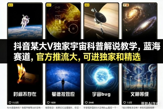 抖音某大V独家宇宙科普解说教学，蓝海赛道，官方推流大，可进独家和精选-乐码云集
