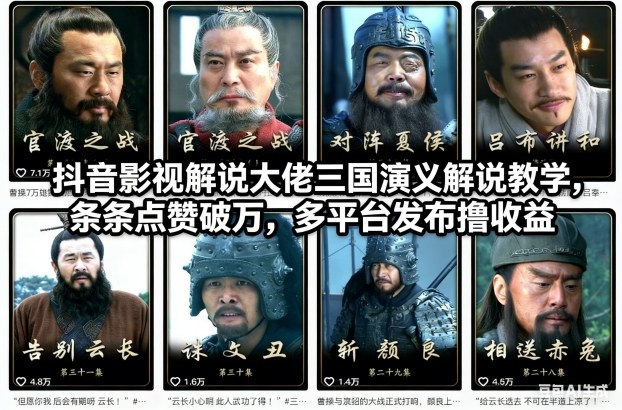 抖音影视解说大佬三国演义解说教学，条条点赞破万，多平台发布撸收益-乐码云集