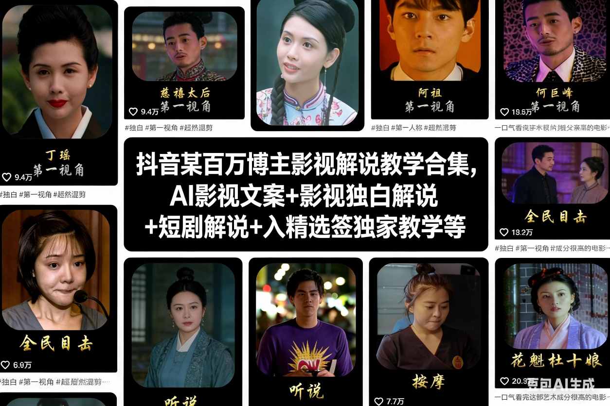抖音某百万博主影视解说教学合集，AI影视文案+影视独白解说+短剧解说+入精选签独家教学等-乐码云集