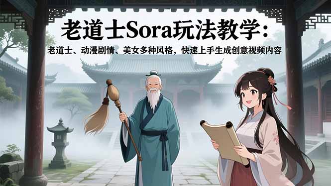 老道士Sora玩法教学：老道士、动漫剧情、美女多种风格，快速上手生成创意视频内容-乐码云集